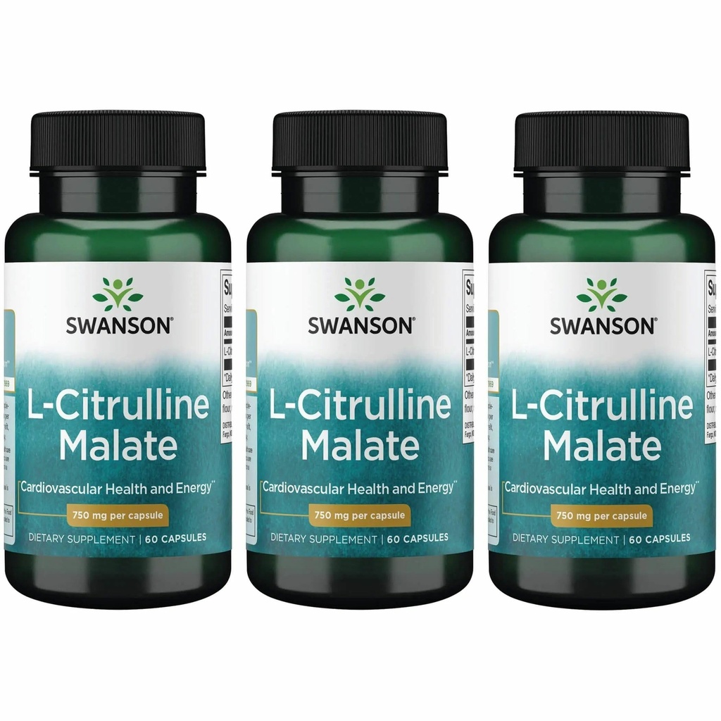 Swanson L-Citrulline Malate - Amino Acid Supplement Promoting Energy Production & Healthy Blood Circulation - Natural Formula Supporting All Wellness - (60 Capsules, 750mg Each) (3 Pack)