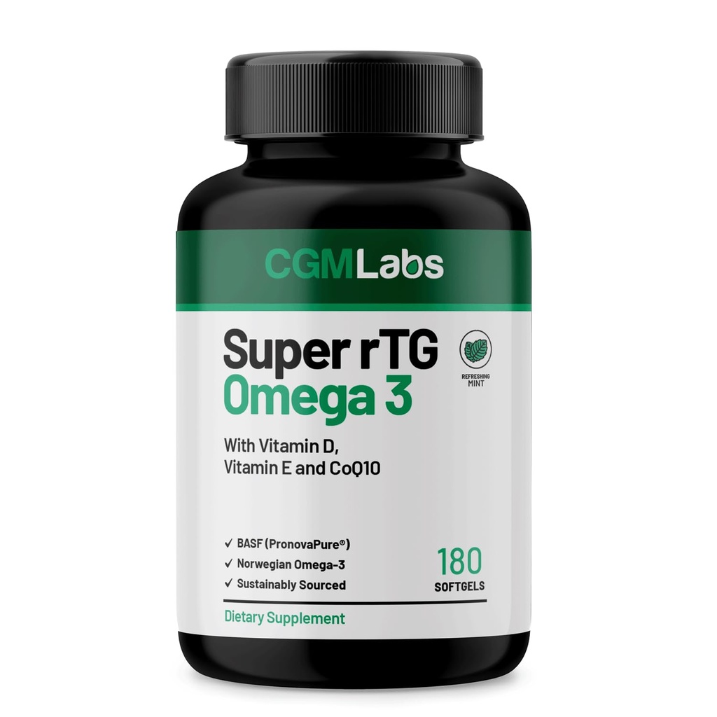 rTG Omega 3 Noorse visolie met CoQ10 Dieetsupplement Hartgezondheid & Antioxidant Ondersteuning met Vitaminen D & E 2000 mg Duurzaam Gebronzen Super rTG Omega 3, 180 Softgels door CGM Labs
