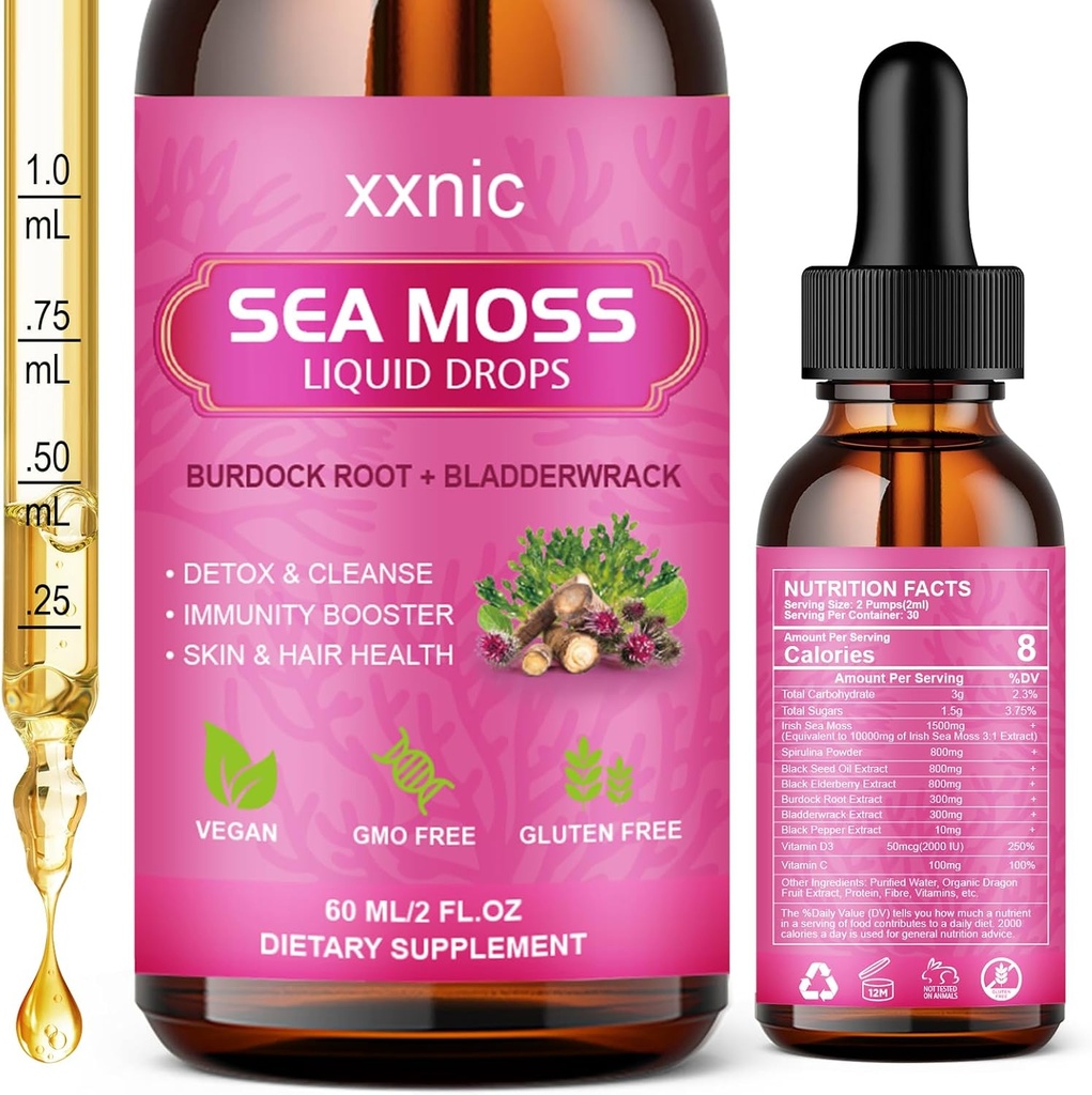 Sea Moss Advanced Liquid Drops, 3000mg Organic Sea Moss Liquid with Black Seed Oil & Irish Seamoss Gel, Raw Sea Moss Support Immunity, Joint, Digestive Health, 60ml-L8