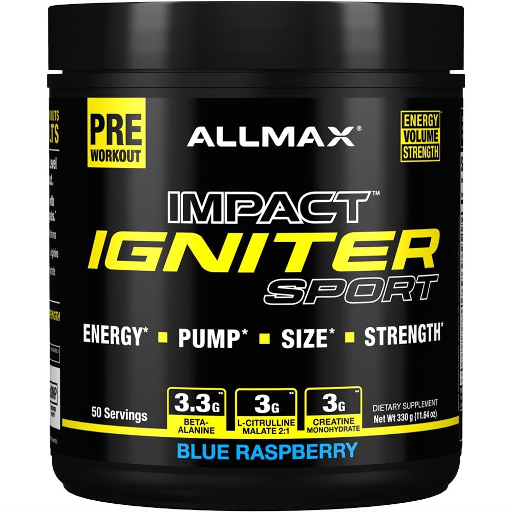 Allmax Igniter Sport, Blue Raspberry - 330 g - Pre-workout Formule - met Cafeïne, L-Citrulline, L-Arginine, Creatine & Beta Alanine - maximaal 50 porties