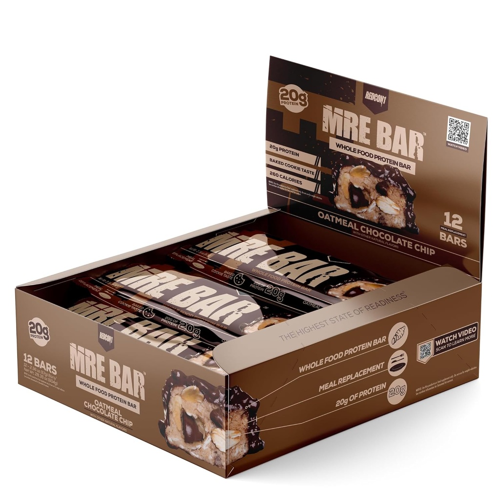 REDCON1 MRE Proteïne Bar, havermout Chocolade Chip - Bevat MCT olie + 20g van Whole Food Proteïne - Gemakkelijk te onderscheiden, Macro Balanced Low Sugar Meal Replacement Bar (12 Bars)