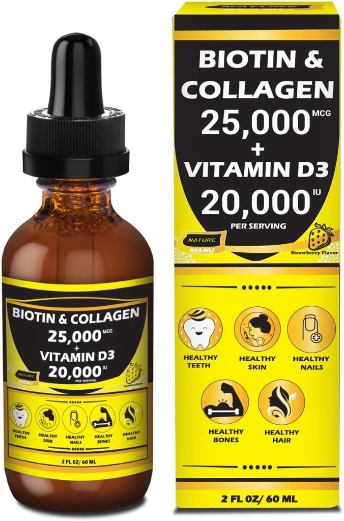 Nature Manu-Premium 25.000mcg Liquid Biotin & Collageen+20.000iu Vitamine D3 All-in-one Wellness Daily Drops. Ondersteunt gezonde huid, sterkere nagels, haargroei. Smakelijke aardbeiensmaak - 2 FL OZ/60 ML