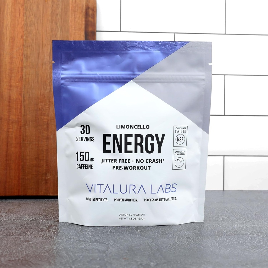 Vitalura Labs Pre-Workout Powder - Cafeïne, Theacrine, Rhodiola & L-Theanine for Energy & Endurance - NSF Content Certified - Limoncello Flavored - 30 Servers