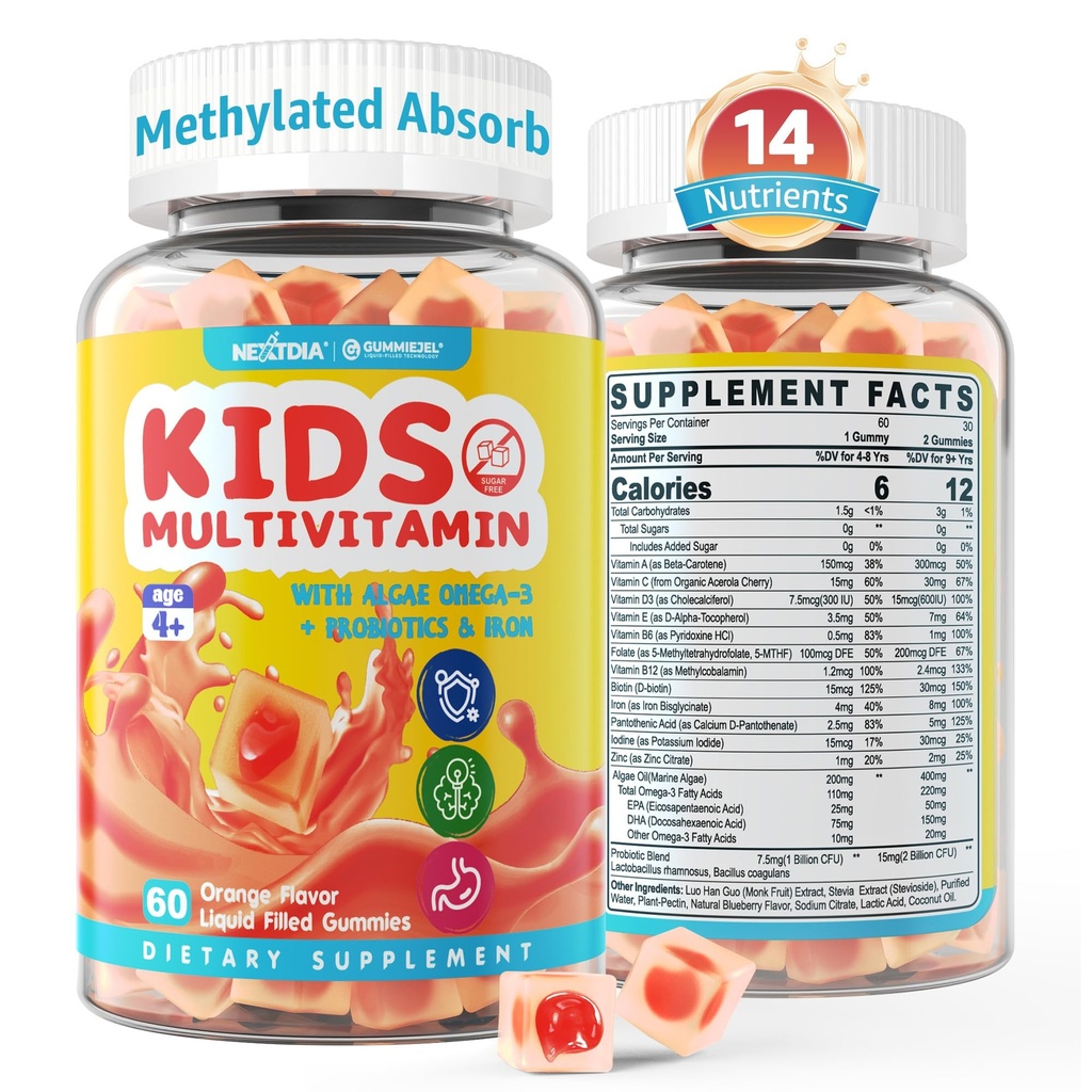 Gummies multivitamines pour enfants avec fer, sans sucre, Vitamines quotidiennes pour enfants + probiotiques, Algae Omega 3 (EPA/DHA), A, C, D, Méthyl B12, Folate, B6, Zinc, Biotine, pour une croissance saine, Soutien immunitaire, 60 Compte