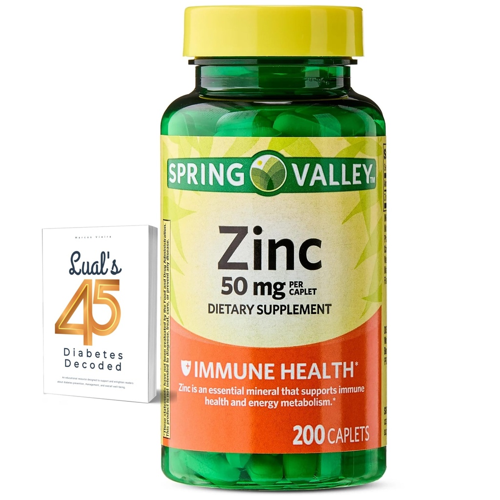 Spring Valley Zink 50 mg, 200 Telling, Dieetsupplement Capletten voor Immune Health, Zink Immune Supplementen, Bundel met Lual 45 Diabetes Decodeerd