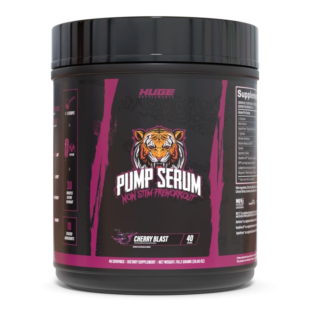 Enorme supplementen Pump Serum, Stim Free Pre-workout en Nitric Oxide Booster om Focus, Pompen, Fulness met Geen Cafeïne, L-Citrulline, GlycerPump, L-Tyrosine, Nitrosigine (Cherry Blast) te verbeteren