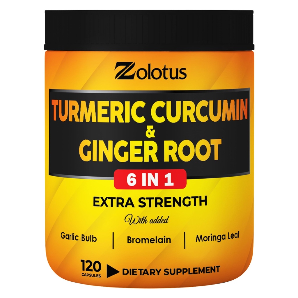 6 en 1 Curcumine curcuma + Ginger Capsules, 95% Curcuminoides avec Ginger, Bulbe ailique, Bromelain, Moringa, Poivre noir - 120 Capsules
