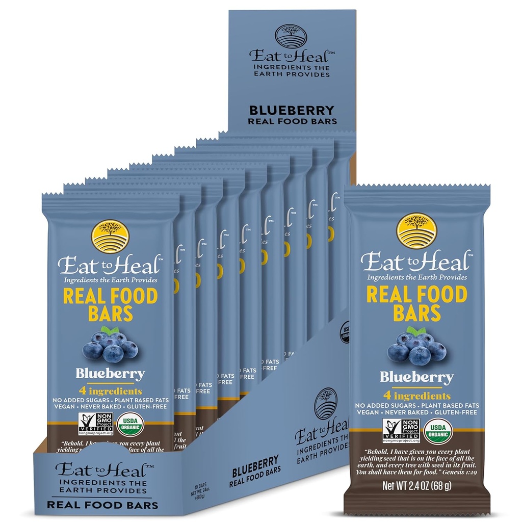 EatToHeal Blueberry Real Food Bar - Biologische Proteïne Bars, Vegan Food, Gezond Glutenvrij Proteïne Eten - Lage Suiker Proteïne Bars, Niet GGO, Nooit gebakken, Plant Based Biologische Snacks - Gemaakt om te genieten