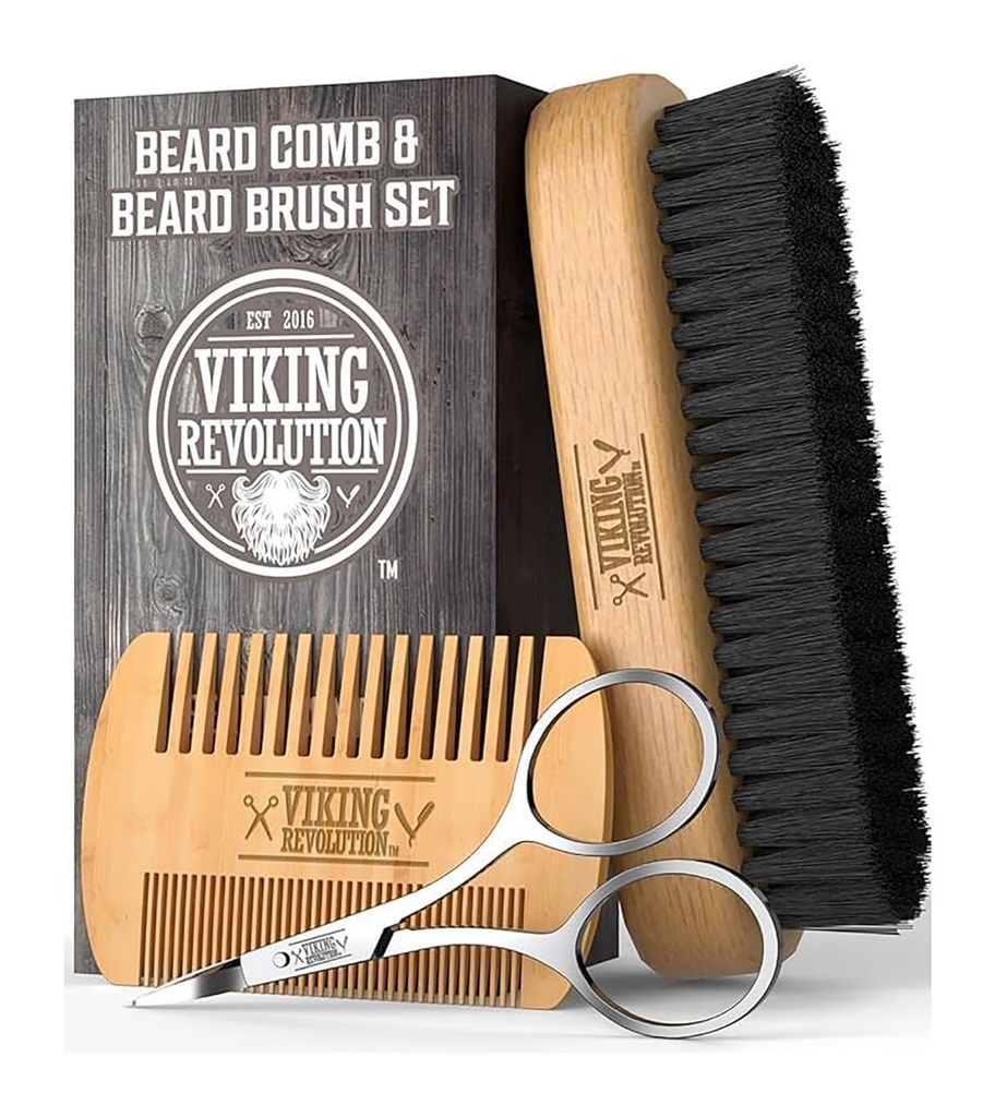 Viking Revolution Baard Comb & Baardborstel Set voor mannen -- Natural Boar Bristle Brush en Dual Action Pear Wood Comb w/Velvet Travel Pouch - Geweldig voor het Grooming Barden en Mustaches