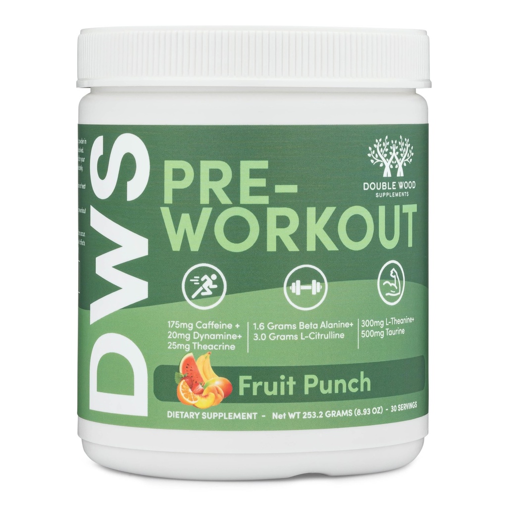Poudre de pré-entraînement pour hommes et femmes (30 portions de caféine, Beta Alanine, L-Citrulline, Dynamine, L-Theanine, Taurine, Théacrine, et plus) Poudre de pré-entraînement avec scoop par double bois (Fruit Punch)