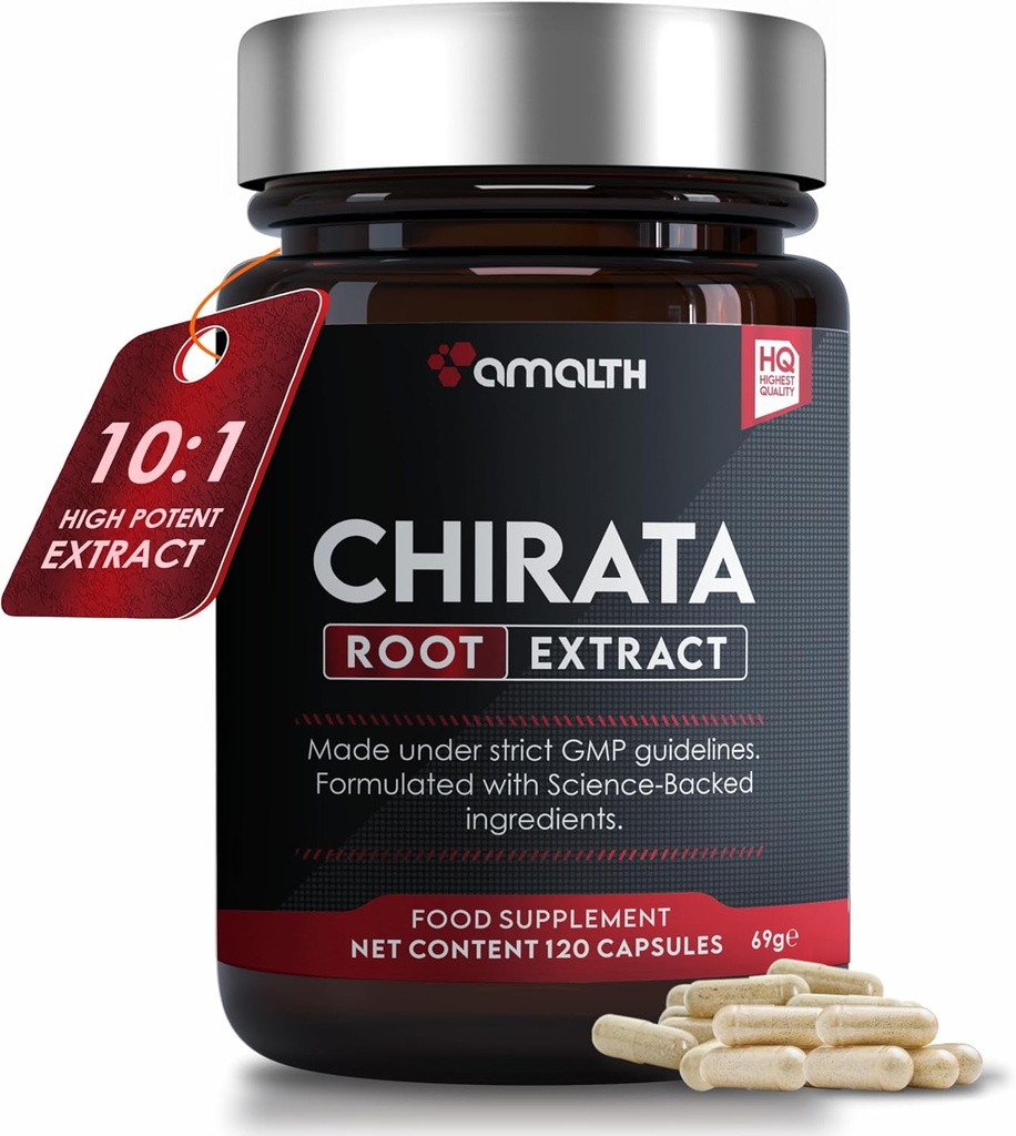 Amalth Swertia Chirata Extract Poeder 500 mg, 10:1 Potentie Lever Ondersteuning Supplement & Harmonal Acne Supplementen voor Vrouwen Gezonde Huid - 120 Capsules 