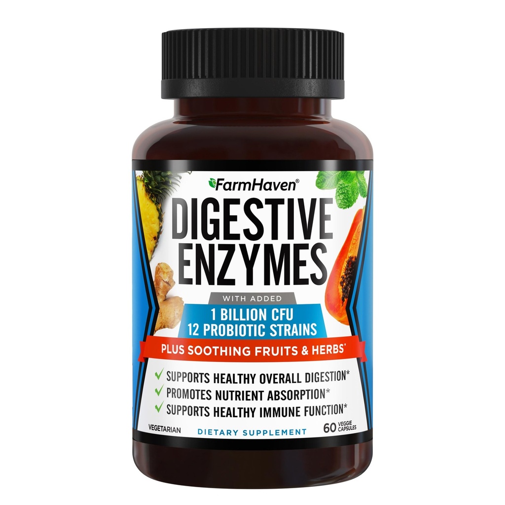 FarmHaven Enzymes digestifs avec 18 probiotiques et plantes à base de papaye, bromelain, protéase et plus pour l'absorption de lactose et une meilleure digestion
