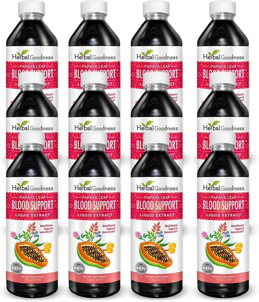 Papaya Leaf Blood Support Liquid - 15X Strength - Papaya Leaf Extract - Gezonde Bloedplaatjes, Bloedreiniging, Digestie, Papaya Enzyme - 12(12oz) Flessen Liquid - Kruidengoedheid - Made in USA