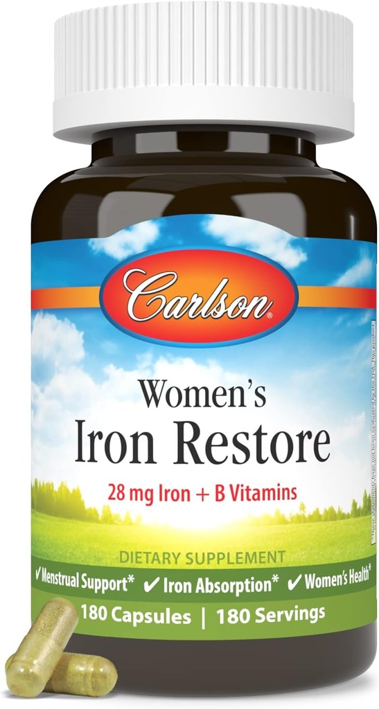 Carlson - Women's Iron Restore, 28 mg ijzer + B Vitaminen, Menstruele Ondersteuning, IJzer Absorptie & Women's Health, 180 Capsules