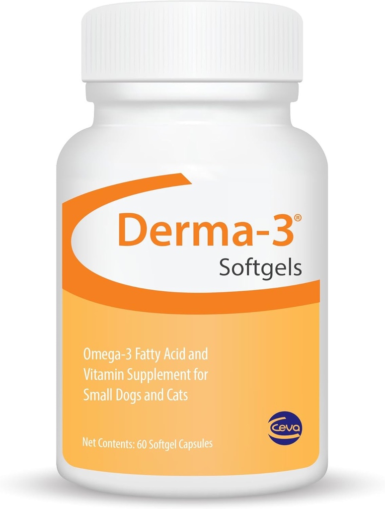 Ceva Derma-3 Softgels, Omega-3 Vetzuur & vitaminesupplement voor kleine honden + katten (60 telling)