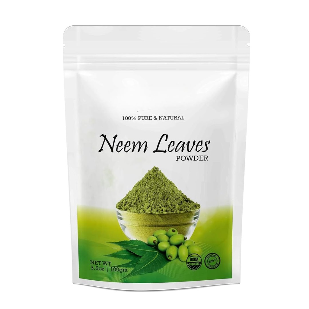 Pure Neem feuilles poudre pour la peau claire sans boutons, cheveux soyeux et nettoyant des cheveux, (100Gm)