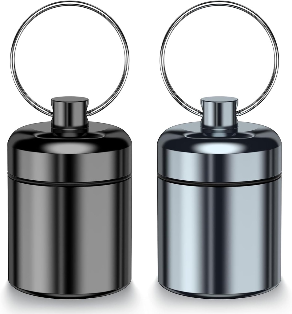 2 Pack Mini pil geval kleine pil houder sleutelhanger voor portemonnee - draagbare reis pil container sleutelhanger, waterdicht metaal dagelijkse pil Box Organisator voor Office Outdoor Camping (Zwart & Grey)