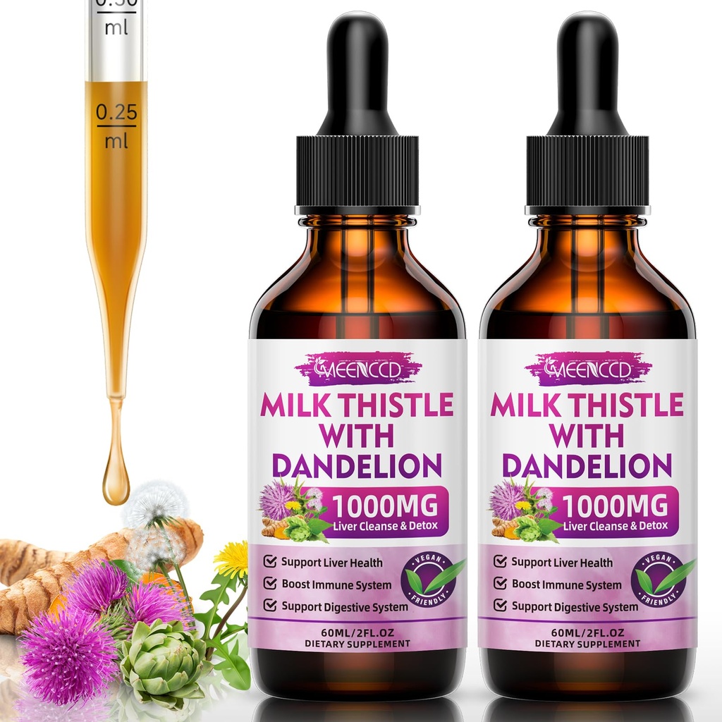 2 Pack Milk Thistle Liquid Drops - Lever Reiniging Detox & Reparatie - 1000mg Milk Thistle Supplement voor leverondersteuning, Silymarin Lever Supplement voor de gezondheid van de lever, Vegan, Non-GMO, 4 Fl Oz