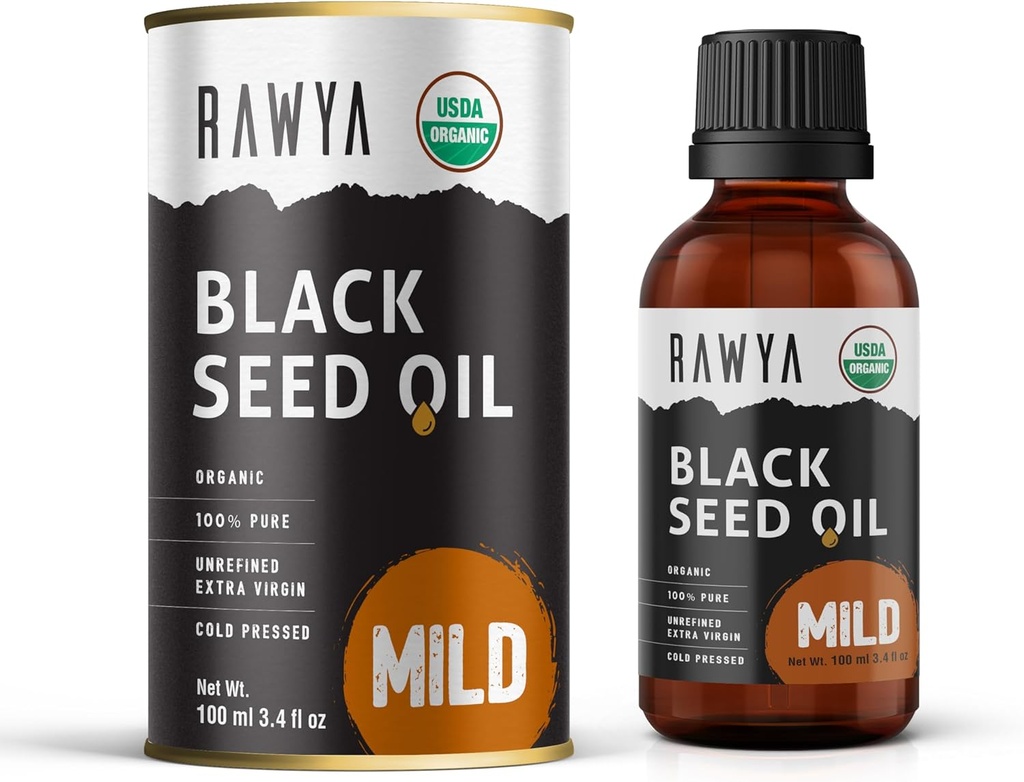RAWYA Black Seed Oil - Koud geperst - Black Cumin Seed - Premium Nigella Sativa - Omega 3 6 9 - Kalonji voor huid en gezond haar - Non-GMO, Glutenvrije - Wellness Oil - Milde smaak - 3,4 Fl Oz