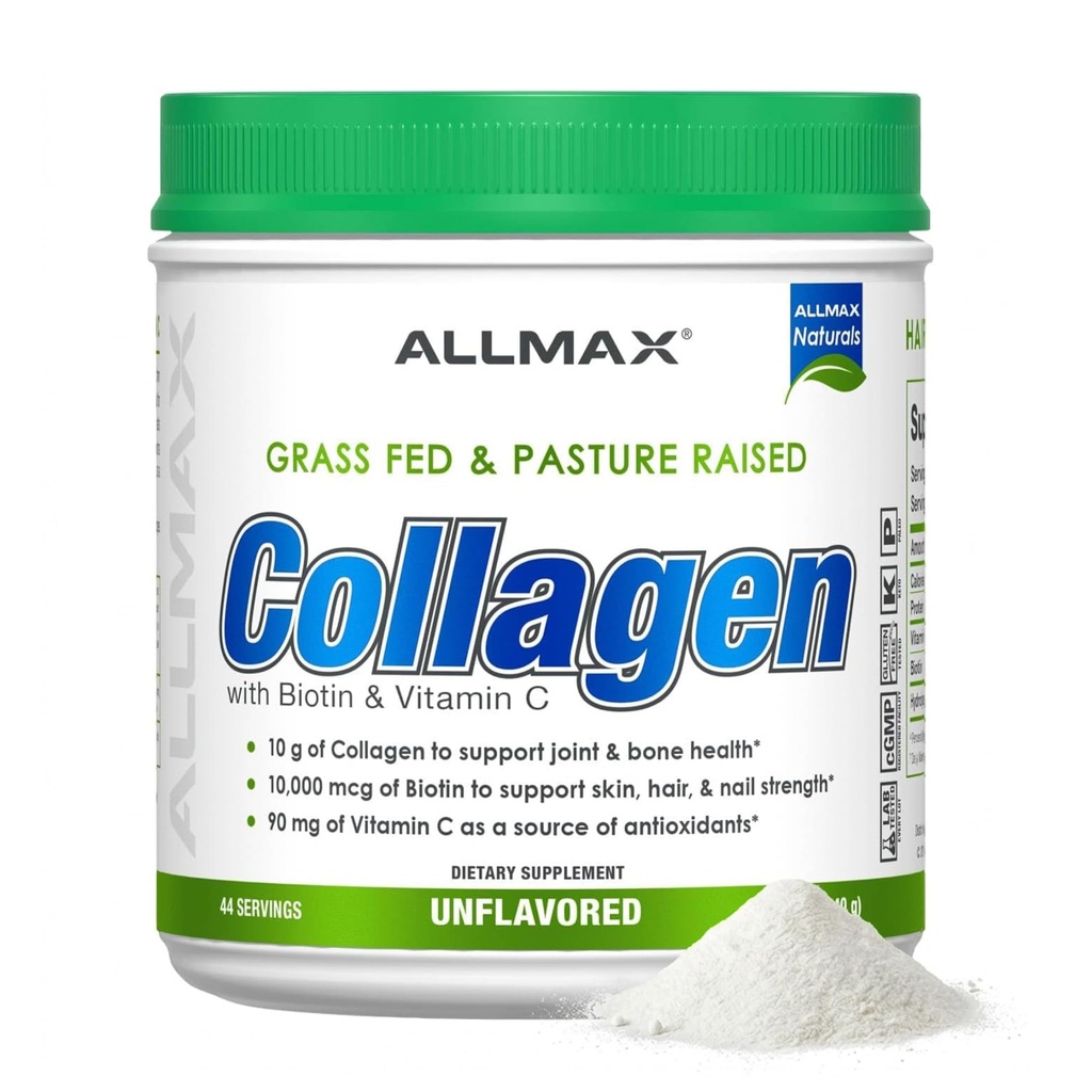 ALLMAX Nutrition Grass Fed & Pasture Verhoogd Collageen met 10.000 mcg Biotine + 90 mg Vitamine C, Unflavored, 15,5 oz (440 g)