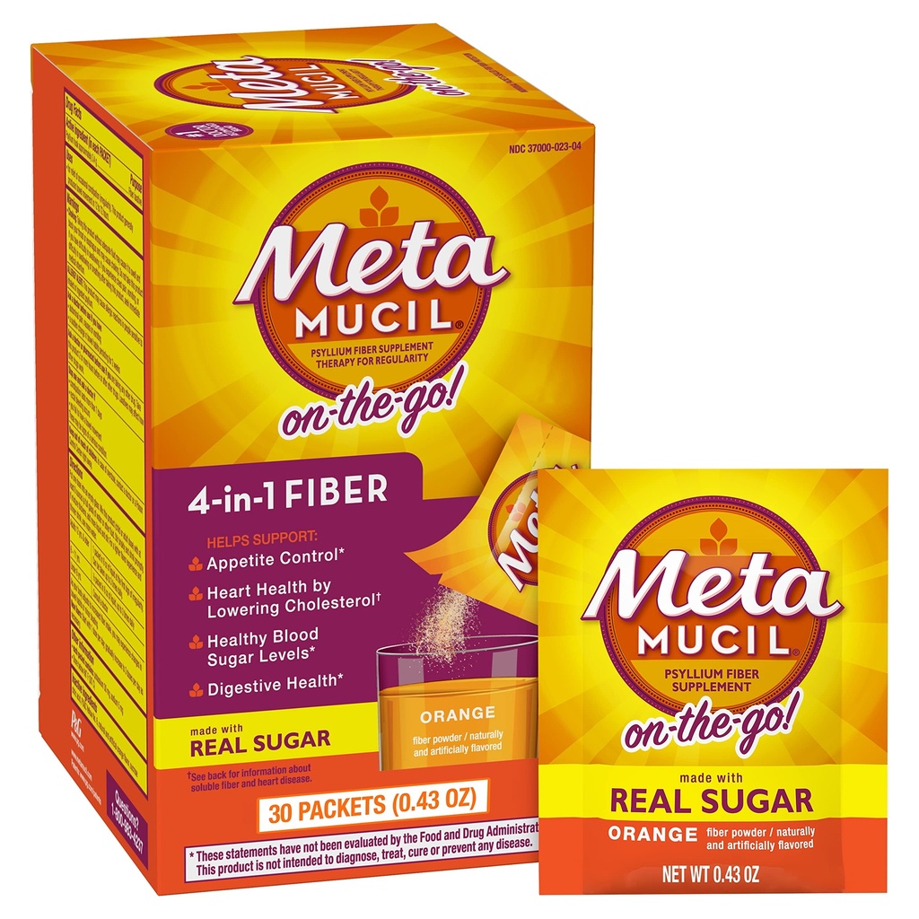 Métamucil On-the-Go, supplément quotidien en poudre de Psyllium Husk avec du sucre réel, fibre de 4-en-1 pour la santé digestive, boisson aromatisée lisse orange, 2 paquets x 30 nombre = 60 paquets Total