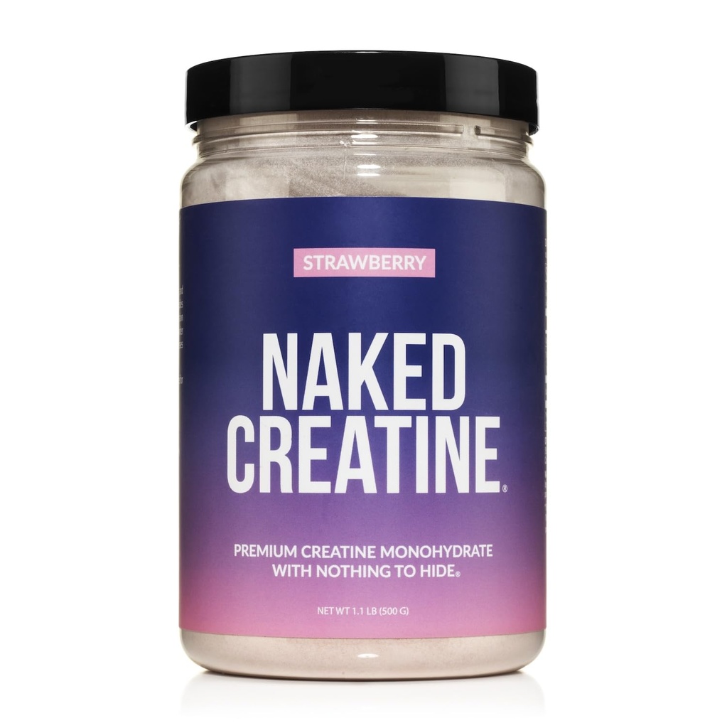 NAKED Créatine - Créatine aromatisée aux fraises monohydratée - véritable poudre de fraise, sans additifs, croissance musculaire, végétalien, non OGM, sans gluten, sans soja - 45 portions