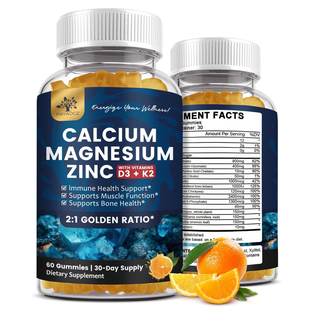 (2 verpakkingen) Calcium Magnesium Zink Gummies met Vitamine D3, K2, B12 & B6 voor volwassenen, Suikervrij Magnesium Glycinate met Kaliumzee Mos Supplement, Calcium citraat voor Bot Mood & Slaap Ondersteuning