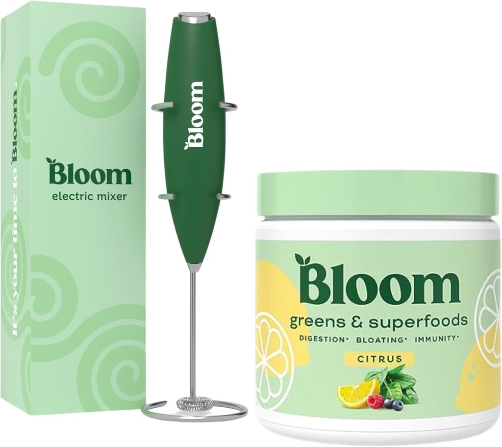 Bloom Nutrition Superfood Greens Powder, Digestieve enzymen met Probiotica en Prebiotica, Gut Health, Bloating Relief, Citrus + Milk Frother High Powered Hand Mixer