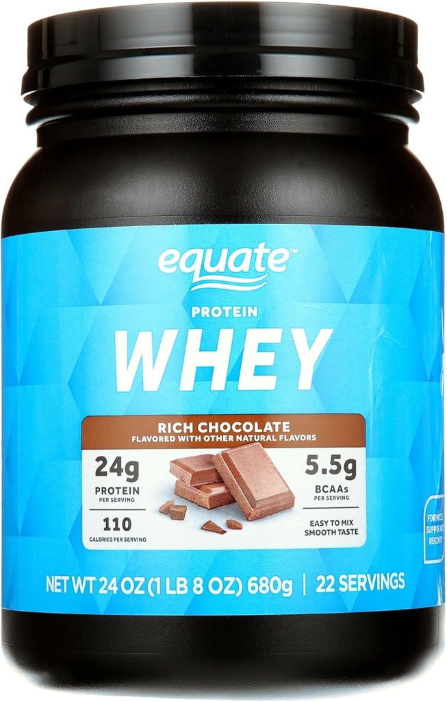 Equates Wei Proteïne Poeder, Rijke Chocolade, 24g Proteïne per Serving, 5.5g BCAA's, Wei Isolaat Blend, 22 Servers, Glad & Delicious, Unisex, Muscle Recovery Supplement, 1.5 lbs