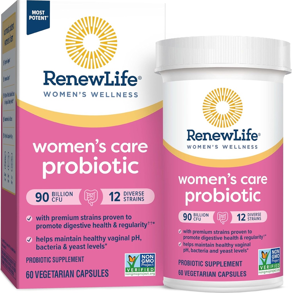 Renew Life Women's Probiotic Capsules, Ondersteunt pH-balans voor vrouwen, vaginale, urine, spijsverterings- en immuungezondheid, L. Rhamnosus GG, zuivel, soja en glutenvrije, 90 miljard CFU - 60 Ct