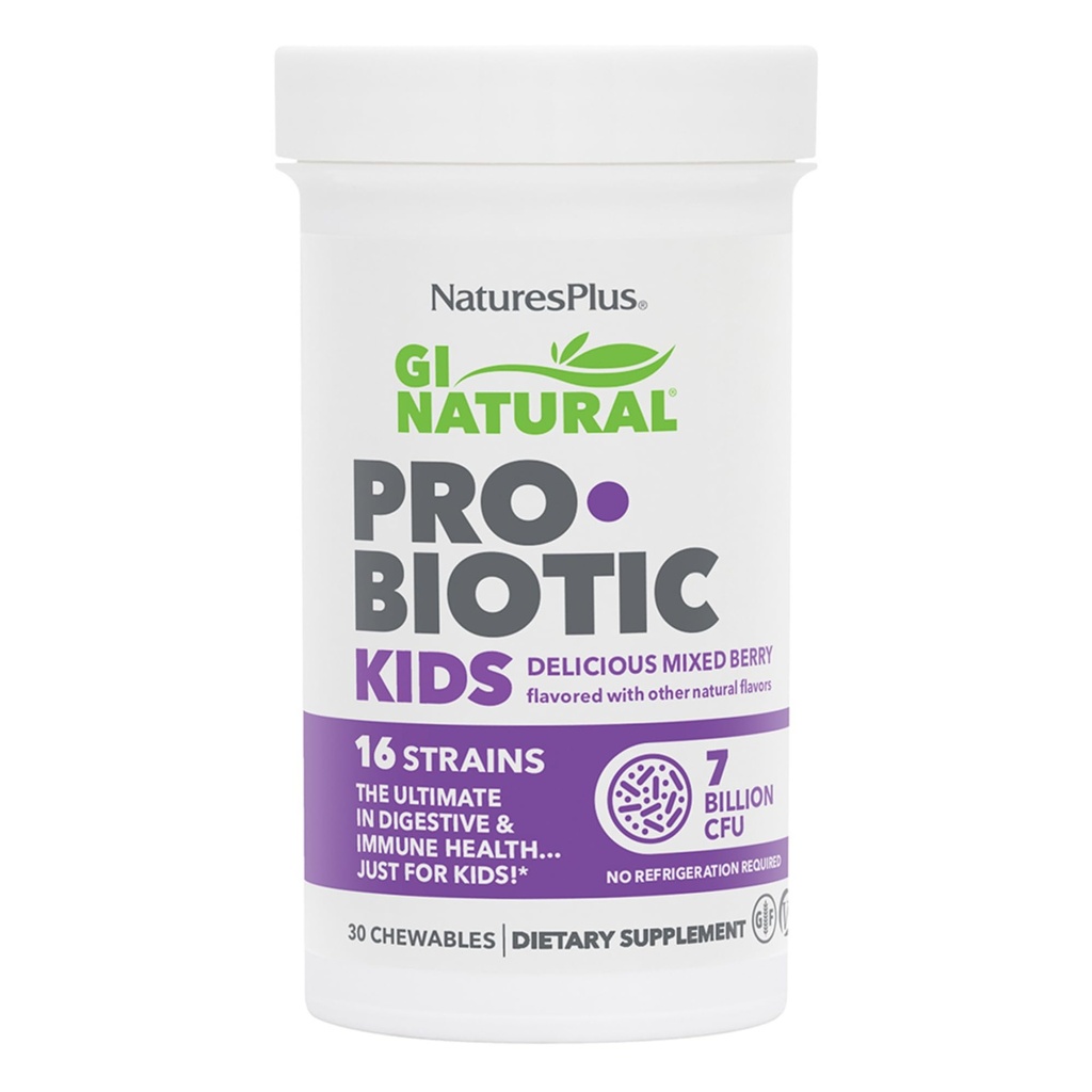 Natures Plus GI Natural Probiotic Kids, Mixed Berry - 30 Chewables - Digestief & Immune Health Just for Kids - Glutenfree - 30 Servers