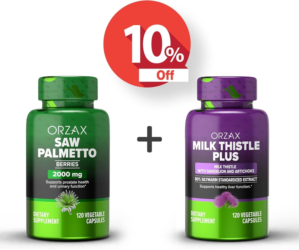 ORZAX Saw Palmetto 2000 mg 120 Vegatable Capsules en Milk Thistle Plus met Dandelion 120 Vegatable Capsule, Bundle