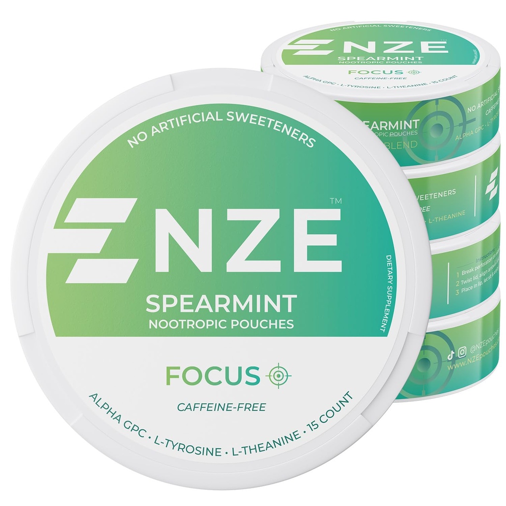 NZE Cafeïnevrije Nootropic Pouches (Spearmint) - Nootropic Pouches met Alpha GPC, L-Tyrosine & L-Theanine - Geen suiker of kunstmatige zoetstoffen - 15 Nicotine Free Pouches Per Can - 5 Pack