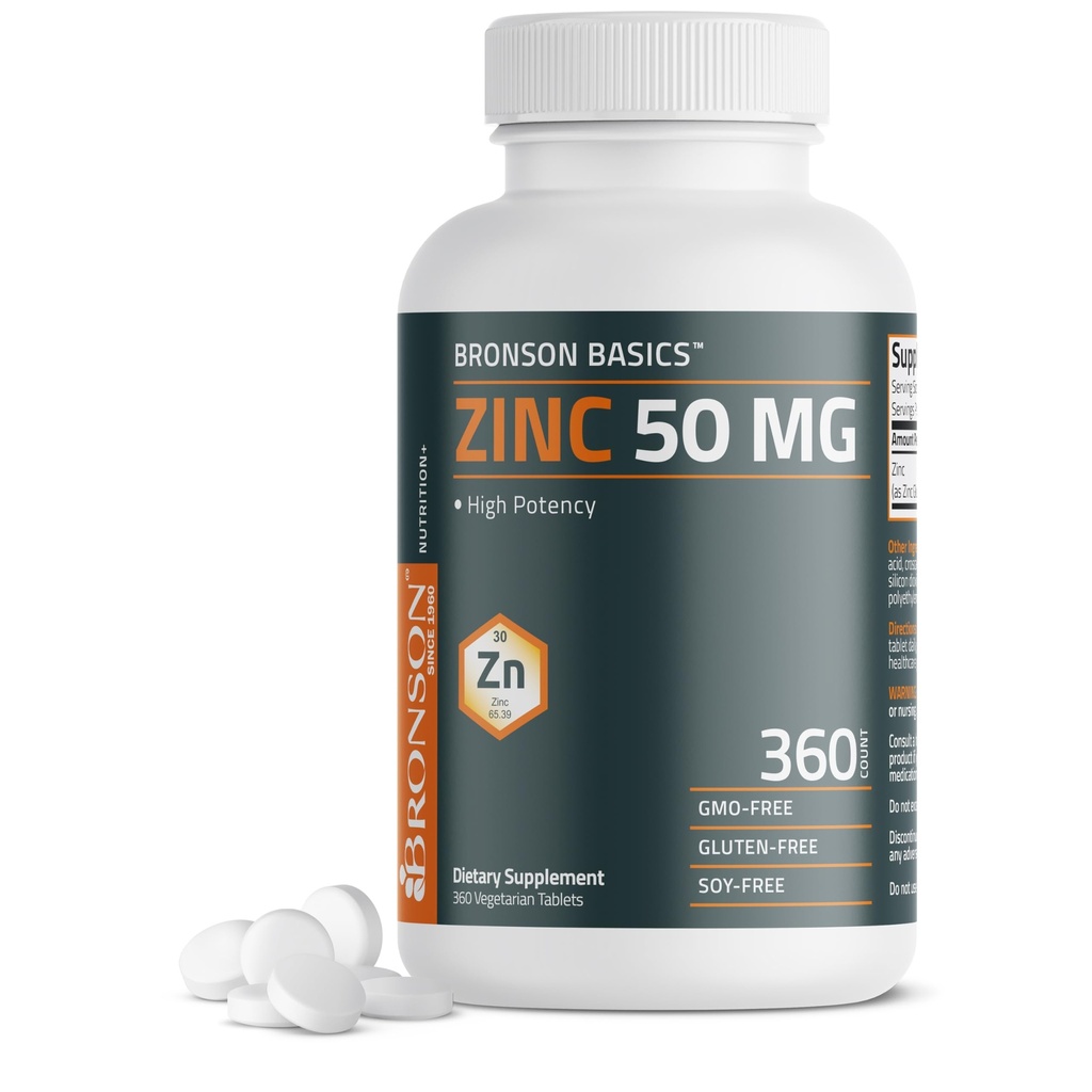 Bronson Zink 50 MG High Potency Ondersteunt Immune, Antioxidant & Skin Health - Non-GMO, 360 Vegetarische tabletten