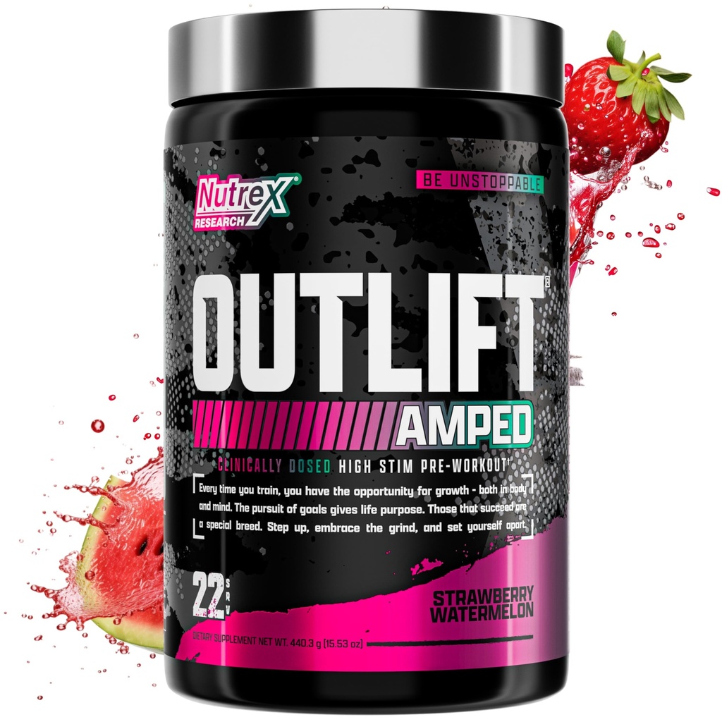 OUTLIFT Amplied Max dosed HIGH STIM Pre Workout Powder 6G Citrulline, 3.2G Beta Alanine, Alpha GPC, CognatiQ, Extreme Energy, Pompes massives, Electrolytes (Melon d'eau de mûre, 22 portions)