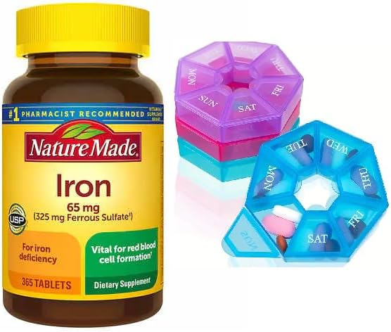 Nature Made Iron 65 mg (325 mg Ferrous Sulfate) Tablets, Dieetsupplement voor Red Blood Cell Support, 365 Tablets, 365 Day Supply Bunde met Weekly Pill Organizer