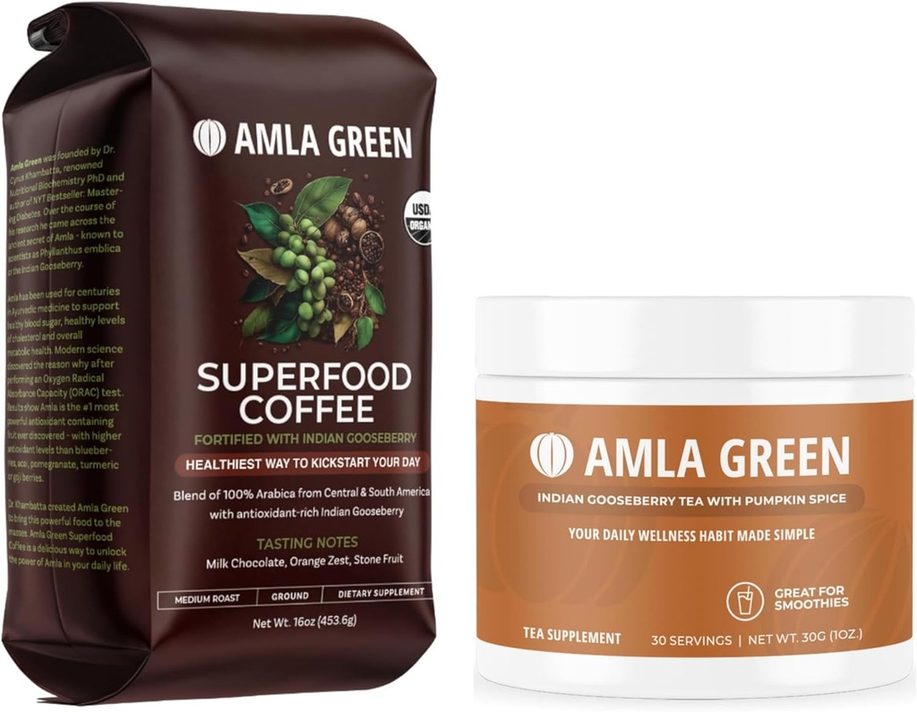 Amla Green Biologische Ground Superfood Koffie en Amla Poeder Superfood Supplement met Pompoen Spice, 20x Ultra Geconcentreerde Amla