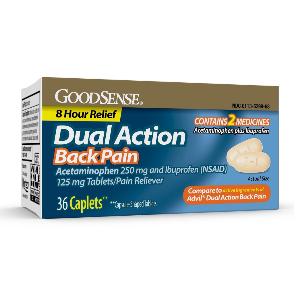 Comprimés GoodSense Dual Action Acétaminophène et Ibuprofène (NSAID), 250 mg/125 mg, Douleur dorsale, 36 Nombre
