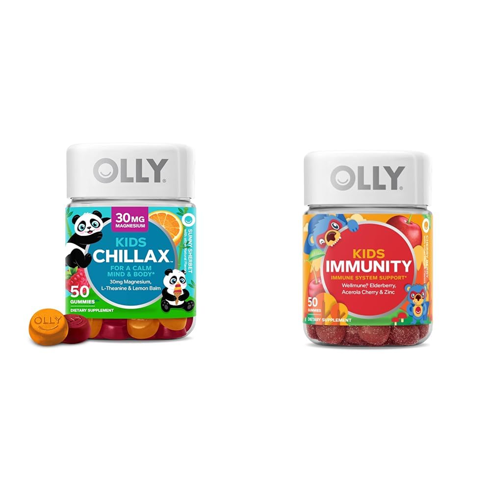 OLLY Kids Chillax, Magnésium Gommies Plus L-Theanine, Lemon Balm & Kids Immunity Gummy, Immune Support, Wellmune, Elderberry, Vitamine C, Zinc, Supplément à croquer, Cerise - 50 Compte