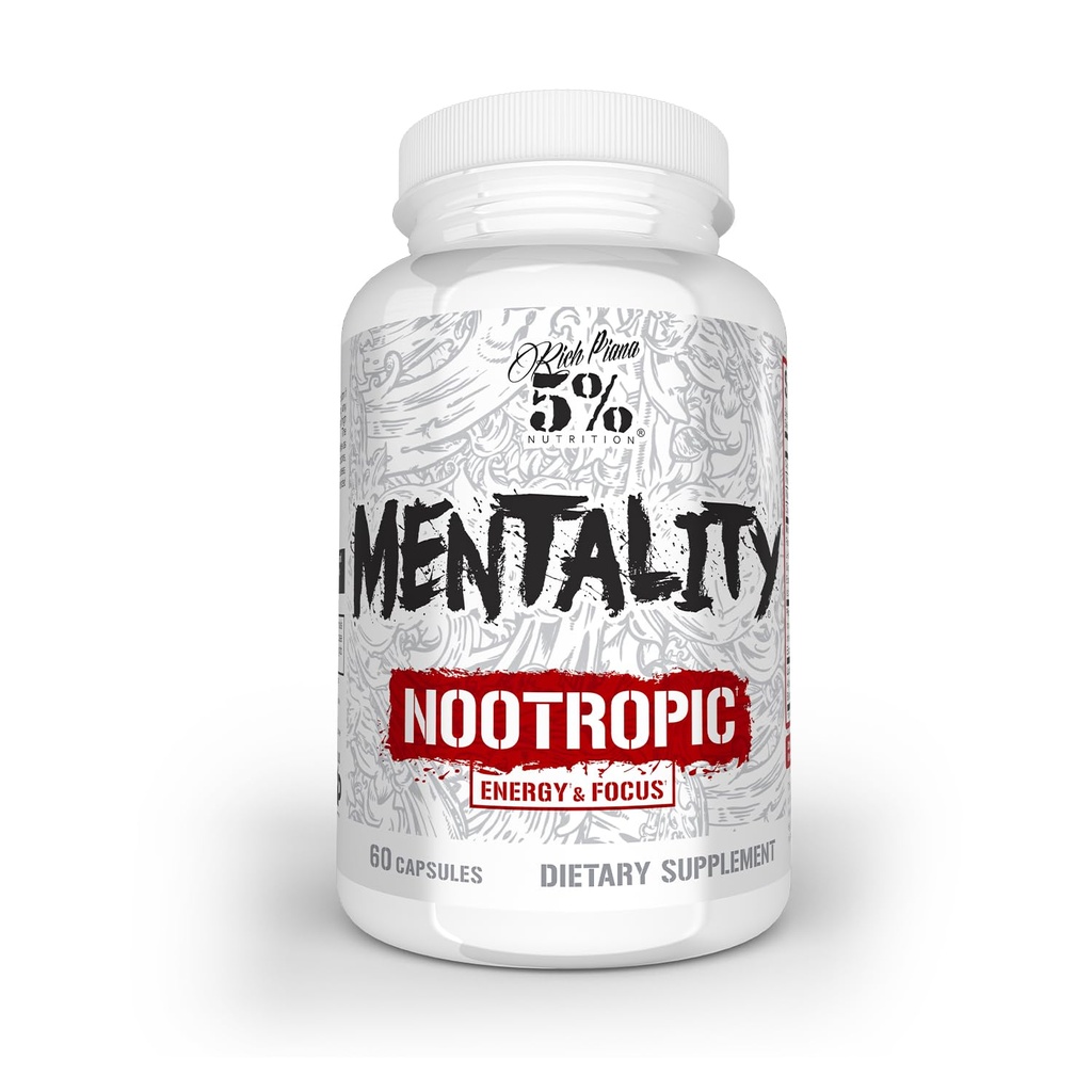 5 % Nutrition Riche Piana Mentality Nootropic Blend Supplément booster cerveau pour la performance, la mémoire, la clarté mentale, Ginseng, Ginkgo, L-Theanine, Choline, Huperzine, 60 capsules (30 jours d'approvisionnement)