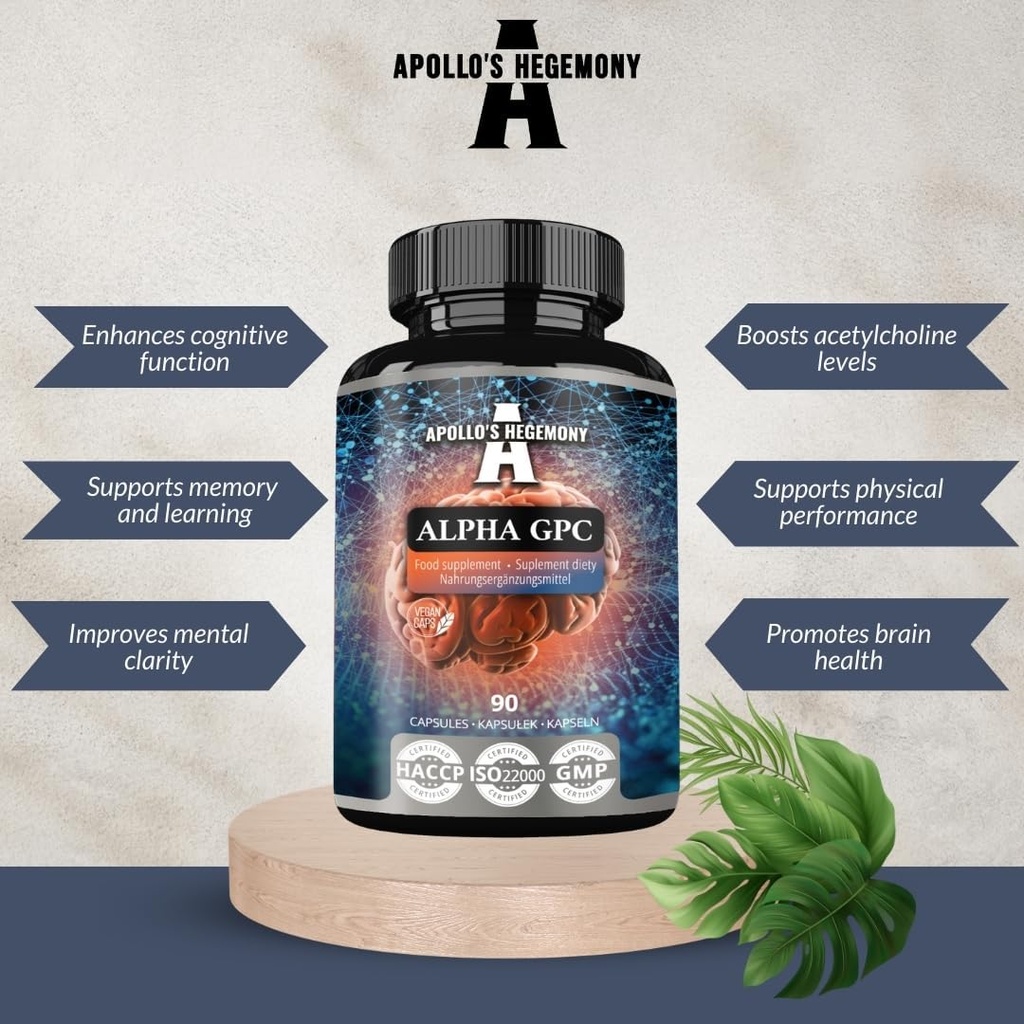 APOLLO'S Hegemony Alpha-GPC 600 mg per dagelijkse dosis - 90 Vegan Choline Capsules - 99% Choline Alfoscerate Dieetsupplement - Lipiden Choline - Geheugen- en concentratiecapsules