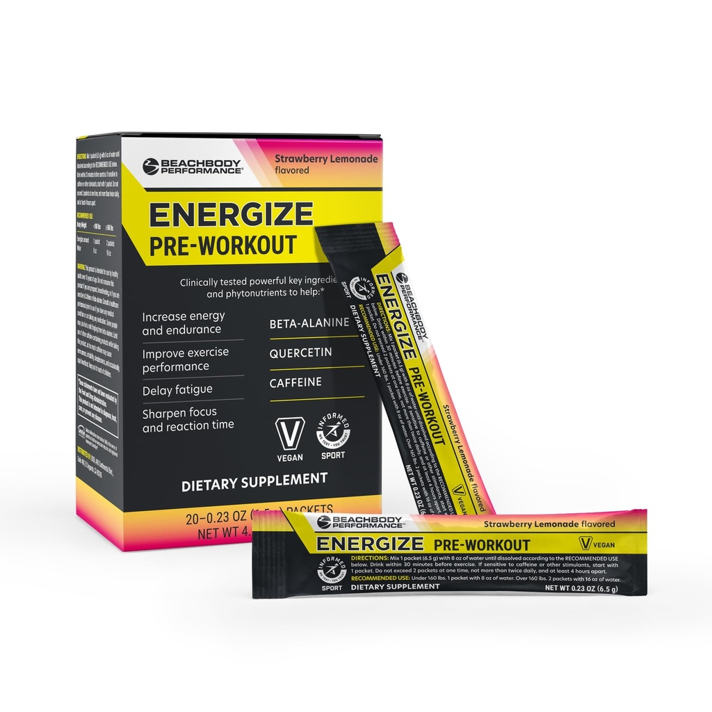 BODi Energize Pre Workout Powder - Beta-Alanine, Quercetine & Low-Dose Cafeïne formule voor verbeterde energie & Focus, verhoging energie & endurance supplement, aardbeien limonade smaak, 20 sticks