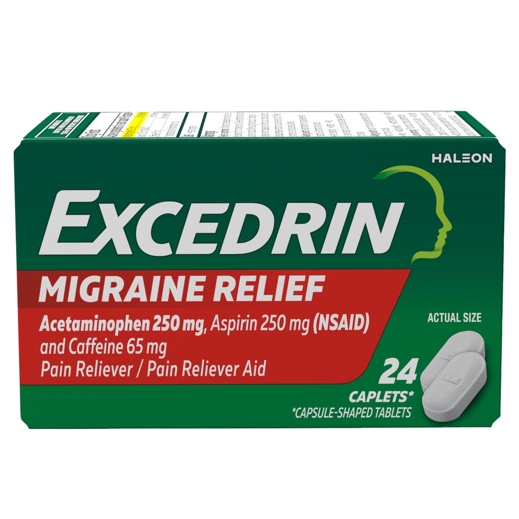 Caplets de soulagement de la migraine pour les symptômes de la migraine, acétaminophène 250mg, aspirine 250mg, caféine 65mg, analgésique, 24 Compte