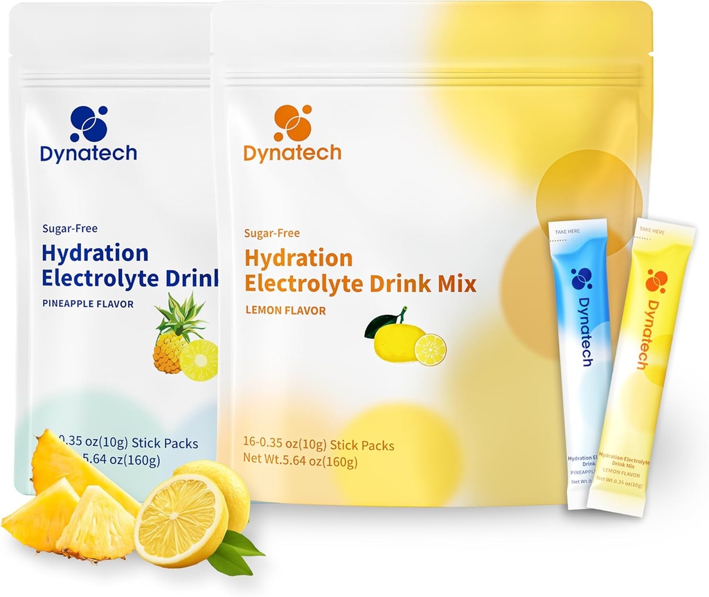Dynatech Zero Sugar Electrolyte Drink Mix - Citroen, Pineapple - Hydration Powder Packets with 10 Electrolytes & Vitamins
