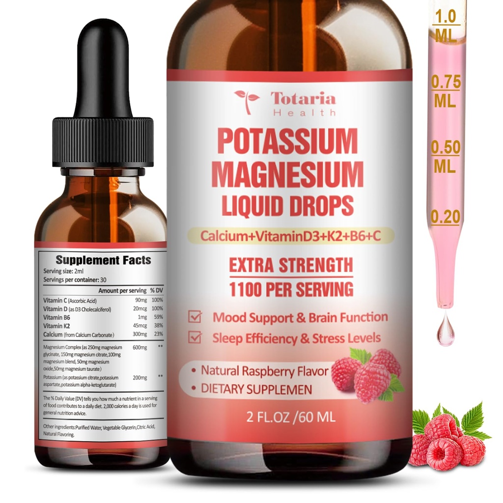 Kalium Magnesium Supplement Liquid Drops - Hoge Absorptie Kalium Supplement met Magnesium, Calcium, Vitamine D3 K2, Vegan, Non-GMO Potasio Ondersteuning Beenkrampen, Bot, Spier - 2 Fl oz