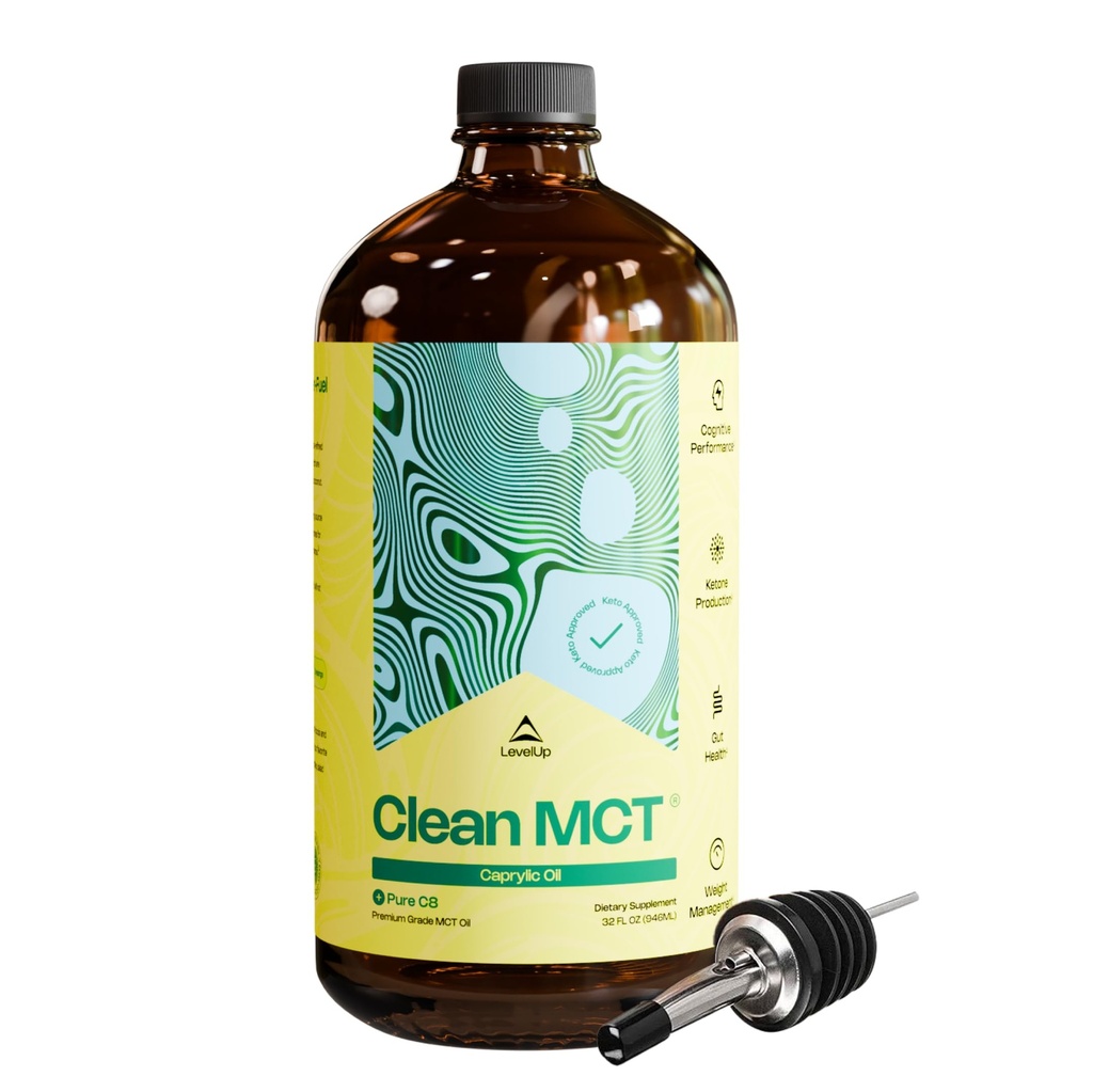 LevelUp Clean MCT Olie - 100% Caprylic C8 voor energie, focus, Gut Health, Brain Superfuel - Keto Supplement voor Ketogene Koffie en Ketonen - Non-GMO (32 oz glazen fles)