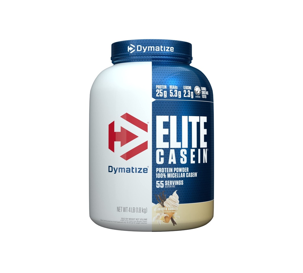 Dymatize Elite Caseïne Proteïnepoeder, Vanille, 100% Micellar Caseïne, 25g Proteïne, 5.4g BCAA's, 2.3g Leucine, Slow Absorbing voor Overnight Muscle Recovery, 4 lb (55 Servings)