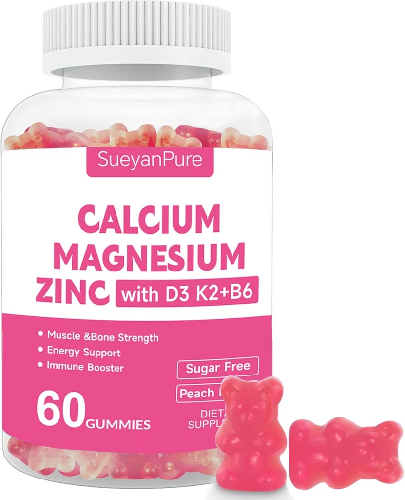 Suikervrij Calcium Magnesium Zink Gummies met VC D3 &B6 &K2.600mg Calcium Gummies met 300mg Magnesium Support Bot & Muscle for Adults and Teens (60 Count (Pack of 1))