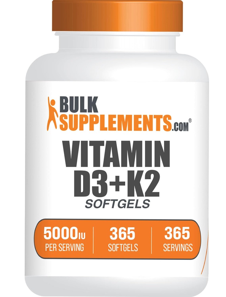 BulkSupplements.com Vitamine D3 + K2 5000 UI Softgels - Supplément D3 K2, pour la santé immunitaire - Sans gluten, 1 Softgel par portion, 365 Compte (paquet de 1)