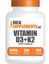 BulkSupplements.com Vitamine D3 + K2 5000 IE Softgels - D3 K2 Supplement, for Immune Health - Glutenvrij, 1 Softgel per Serving, 365 Tellen (Pack of 1)